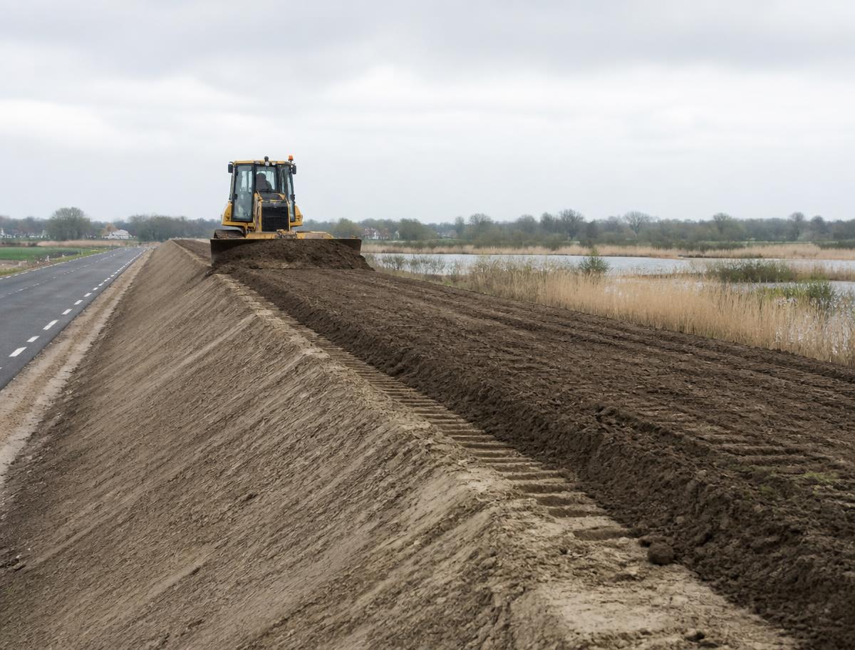 Bulldozer verwerkt aangevoerde grond in een nieuw talud langs een weg bij een natuurgebied